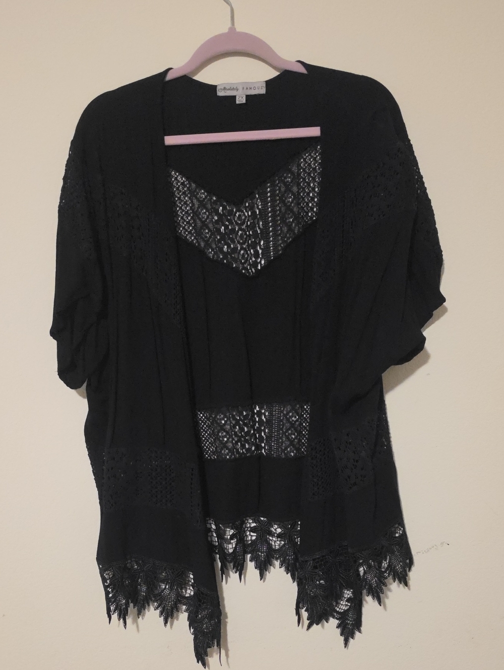 Absolutely Famous Black Crochet Lace-Trim Open Cardigan Poncho